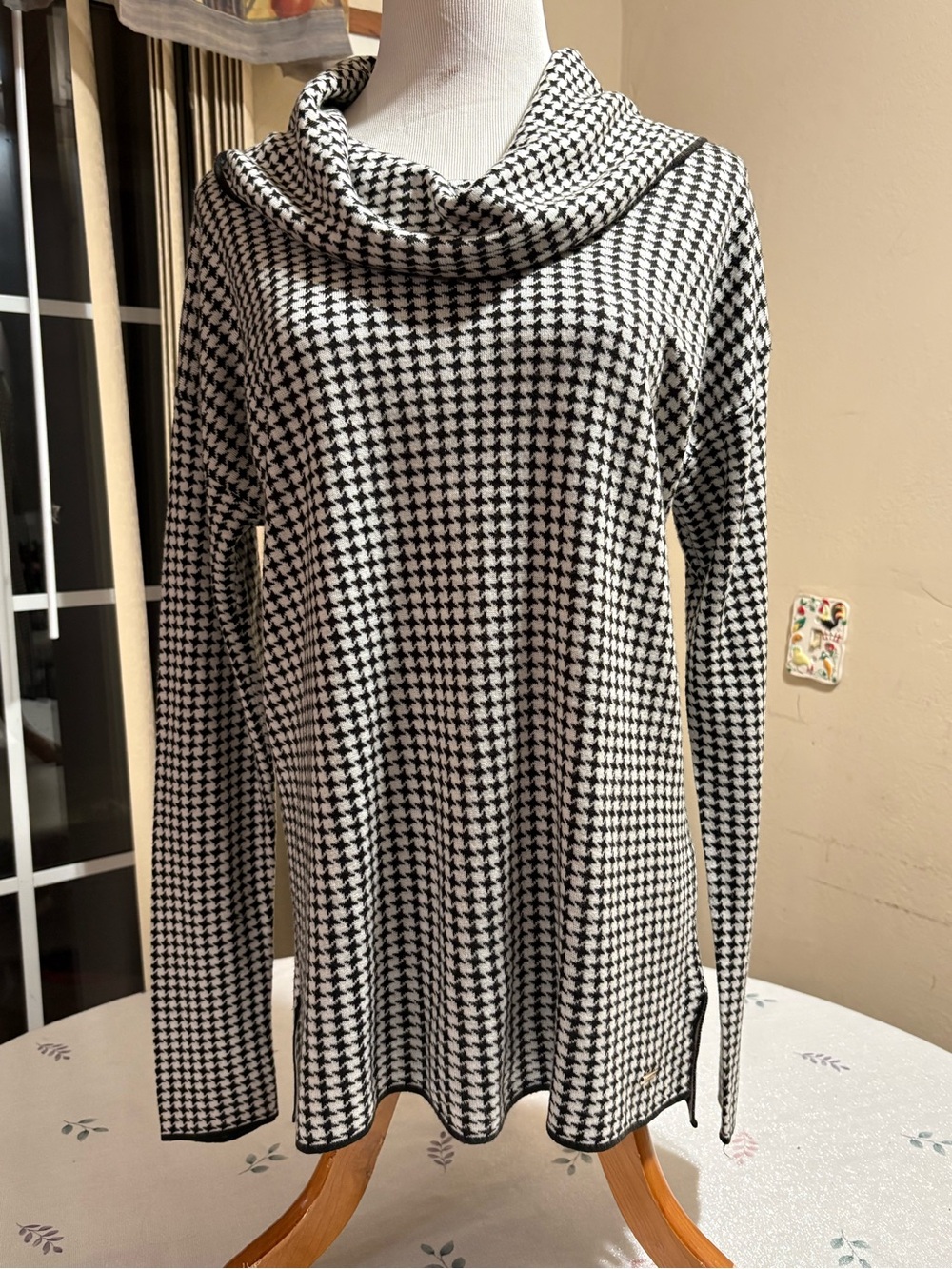 Calvin Klein Black and White Houndstooth Cowl Neck Sweater